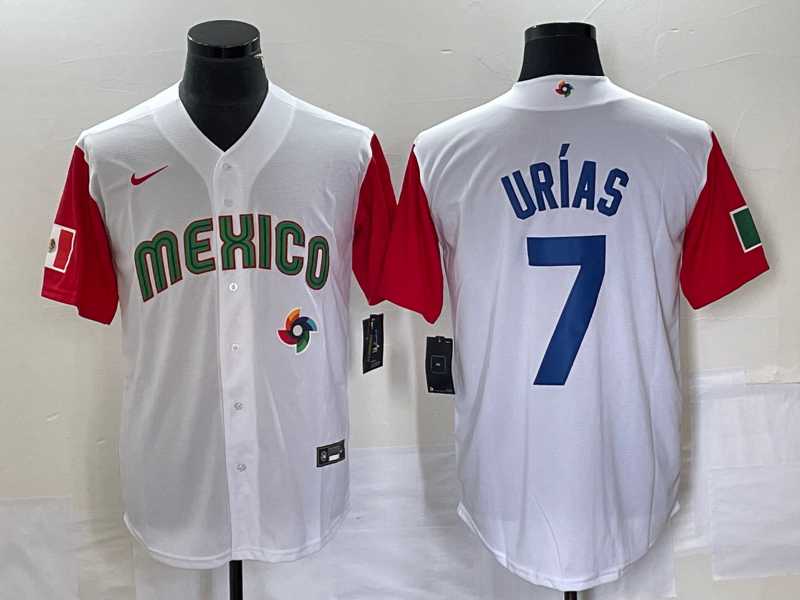Men%27s Mexico Baseball #7 Julio Urias Number 2023 White Red World Classic Stitched Jersey7